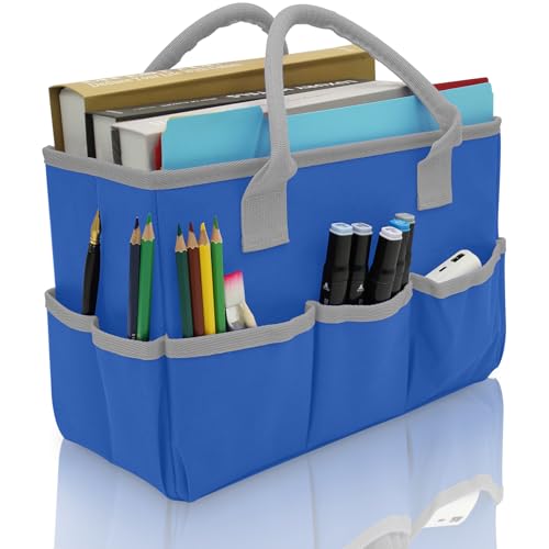 Cupohus Art Organizer Craft Storage Tote Bag with Pockets and Hadles, Oxford Fabric Carrying Caddy for Teacher, Officer, Artist, Students, Traveler, and more – Blue with Grey Edge - color: Blue with Grey