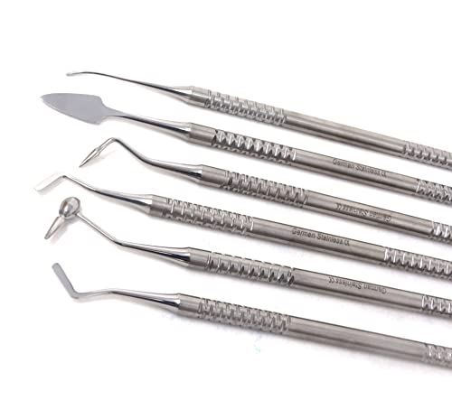 Composite Instrument Dental Set of 6 pcs Restorative Plastic Filling Restoration Preparation Carvers Contouring Plugger Ball Burnisher Tooth Cavity Various Decay Removal Double Ended Instruments - color: Silver