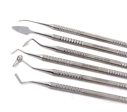 Composite Instrument Dental Set of 6 pcs Restorative Plastic Filling Restoration Preparation Carvers Contouring Plugger Ball Burnisher Tooth Cavity Various Decay Removal Double Ended Instruments - color: Silver