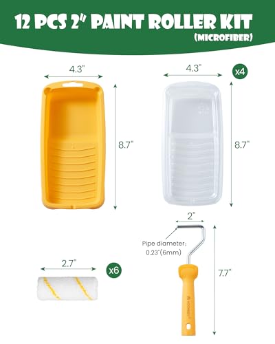 Voomey Paint Roller Kit, 2 Inch Microfiber Paint Roller Covers 12 Pack, Small Paint Rollers with Tray and Roller Frame for Touch Up Painting Wall, Door, Cabinet - size: 2 Inch Mini Microfiber Paint Roller Kit 12 Pack