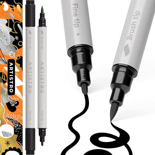 ARTISTRO 2 Black Dual-Tip Acrylic Paint Pens - Multisurface Markers for Glass, Rock, Fabric, Wood, Plastic & More - 1 mm Fine & Brush Tips - color: Black, style: Dual Tip Brush + Fine