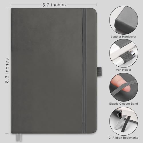 RETTACY Dotted Journal Notebook, 192 Pages, A5 Medium Size (5.7'' x 8.3''), Leather Hardcover, 100 GSM Thick Paper, for Journaling, Planning, Tracking (Gray) - color: Gray, style: Dotted