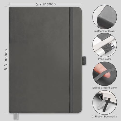 RETTACY Dotted Journal Notebook, 192 Pages, A5 Medium Size (5.7'' x 8.3''), Leather Hardcover, 100 GSM Thick Paper, for Journaling, Planning, Tracking (Gray) - color: Gray, style: Dotted