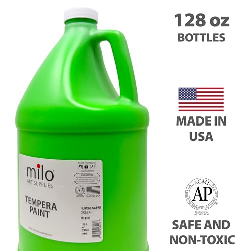 milo Fluorescent Green Neon Tempera Paint | 128 oz Bottle, 1 Gallon | Glows UV in Black Light | Non-Toxic Made in USA | Washable Bulk Art Paint for Party, Student, Classroom, Artist - color: Fluorescent Green