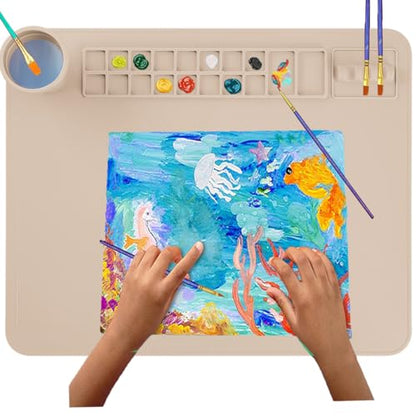 Silicone Painting Mat, 20"x 16" Silicone Art Mat with Cup, Kids Painting mat for Resin, DIY, Drawing Resin, Paint, Clay， Large Craft Art Mat (Beige) - color: Beige