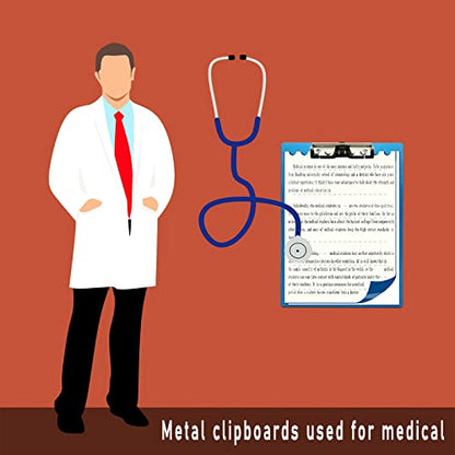 Aluminum Metal Clipboard Stainless Hangable Pen Holder Low-Profile Clip Board Size A4 9" x 12.6" with Sticky Note for School Office Business Medical Professionals Workshop Factory (Blue, Aluminum-A4) - style: Blue