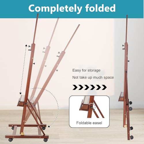 H-Frame Studio Easel with Wheels, Beechwood Artist Easel Storage Tray, Adjustable Floor Easel Stand Holding Canvas up to 51Inches for Painting, Brown - style: Basic Walnut