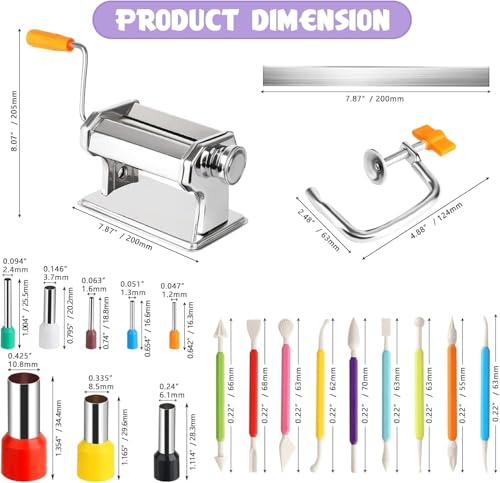 Stainless Steel Polymer Clay Roller Machine Set Includes Clay Presser Machine with 7 Adjustable Thickness Settings,8 Round Clay Cutter,9 Clay Shaping Tool and 7.87" Clay Cutter for DIY Craft Projects