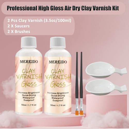Air Dry Clay Varnish Set with 2 Brushes and 2 Dishes, 50ML x 2 Acrylic Glaze, Clear Clay Glaze Used to Prevent Clay Cracking, Scratches, and Wear, Having a Gloss Glaze Effect (Gloss)