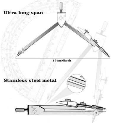 Students Geometry Math Set, Drawing Compass and 6 Inch Transparent Swing arm Protractor 180 Degree Math Protractor (Transparent) - color: 1-transparent