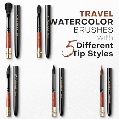 Fuumuui Travel Watercolor Brushes, 5Pcs Professional Plein Air Elegant Natural Squirrel Hair Travel Paint Brush Set with Sable Extended Needle Point Perfect for Watercolor Gouache Ink Painting - color: Black-5pcs