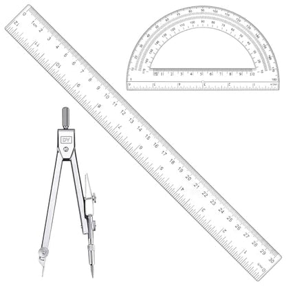 3 Pcs Plastic 12 Inch Ruler, Clear Protractor and Compasses Set for Student Geometry, Durable Transparent Drawing Measuring Rulers for School Office