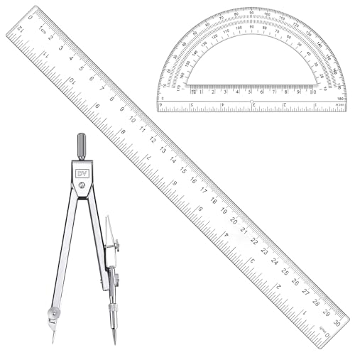 3 Pcs Plastic 12 Inch Ruler, Clear Protractor and Compasses Set for Student Geometry, Durable Transparent Drawing Measuring Rulers for School Office