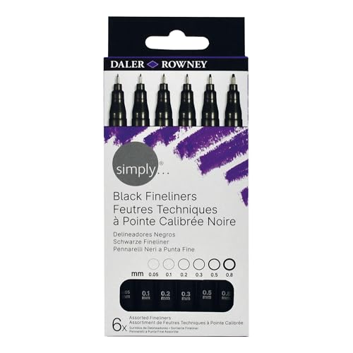Daler Rowney Simply Fineliners Set, 6 Assorted Sizes, Black, Drawing, Illustration, Optimal for Entry-Level Artists & Hobbyists