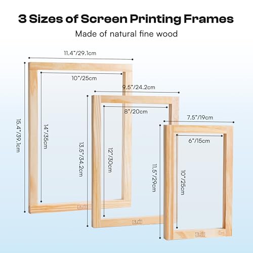 Caydo 57 Pieces All-in-One Screen Printing Kit with 3 Sizes Wood Screen Printing Frames, 15 A4 Size Inkjet Transparency Films, 6 Colors Screen Printing Ink, Photo Emulsion, Squeegee and Scoop Coater