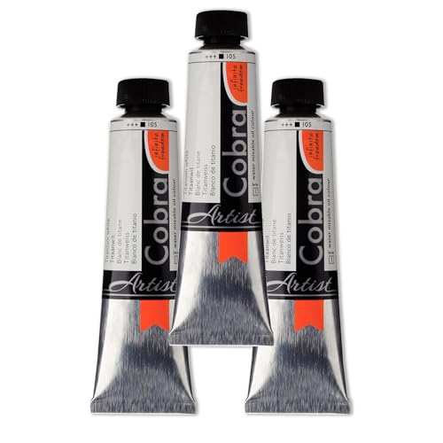Cobra Artist Oil Color Tube - Water-Mixable Oil Paint with High Pigmentation - Opaque Color - High Lightfastness - Water-Thinnable - Convenient Tube Size - No Harmful Solvents - White - 40ml - 3 Pack