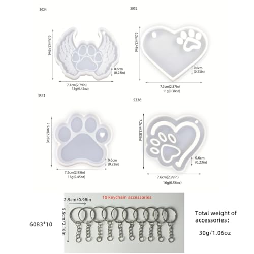 Pet Paw Keychain Resin Molds, 4-Piece Set with Heart and Angel Wing Designs, Silicone Molds for DIY Keychains, Epoxy Resin Silicone Molds