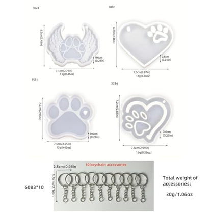 Pet Paw Keychain Resin Molds, 4-Piece Set with Heart and Angel Wing Designs, Silicone Molds for DIY Keychains, Epoxy Resin Silicone Molds