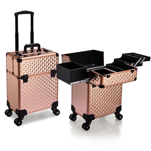 Stagiant Rolling Makeup Train Case Large Storage Cosmetic Trolley 4 Tray with Sliding Rail Removable Middle Layer with Key Swivel Wheels Salon Barber Case Traveling Cart Trunk - color: Rose Gold