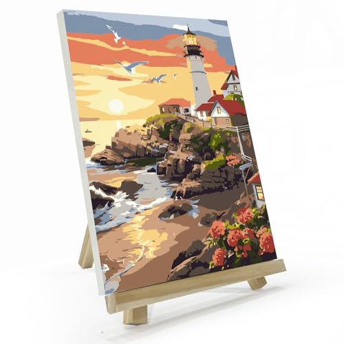 JOOZ Lighthouse Paint by Number for Adults, Paint by Numbers Kit for Adults with Frame, DIY Seaside Paint by Numbers Kits for Adults on Canvas, Sunset Oil Painting Kit for Home Wall Decor 8 x 12 in - color: Lighthouse