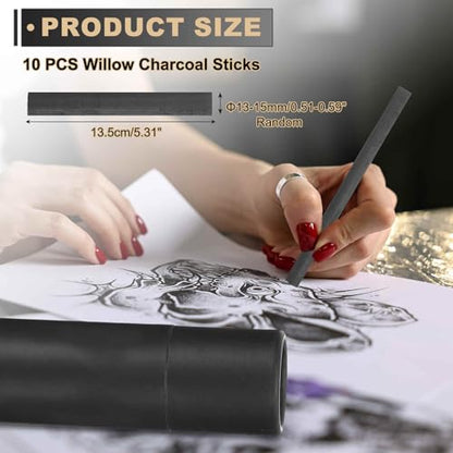 MECCANIXITY 10Pcs Willow Charcoal Sticks, 13-15mm Willow Charcoal Pencils Soft Sketch Vine Art Supplies Set for Drawing Sketching Shading Painting Artists Beginners