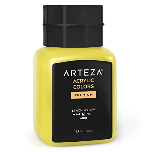 ARTEZA Acrylic Paint, A100 Lemon Yellow, 16.9 fl oz, 500ml Jar, Opaque, Quick-Drying, Acrylic Paints for Painting on Canvas, Paper, Wood - color: A100 Lemon Yellow, size: 16.9 Fl Oz (Pack of 1)