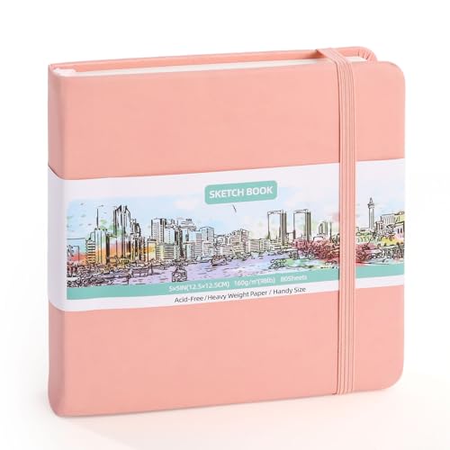 Hardcover Pocket Sketchbook, 5" x 5" Square Mini Sketchbook, 98lb/160gsm Heavyweight Tiny Sketch Book, 80 Sheets Small Travel Drawing Journal for Adults, Artist, Ideal for Gift (Pink) - color: Pink