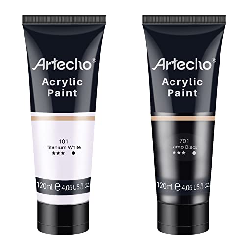 Artecho Professional Acrylic Paint, White and Black (120ml / 4.05oz) Tubes, Art Craft Paints for Canvas, Rock, Stone, Wood, Fabric, Art Supplies - color: White and Black, style: Regular