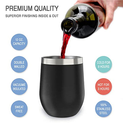 CHILLOUT LIFE 12 oz Stainless Steel Wine Tumbler with Lid - Double Wall Vacuum Insulated Wine Cup Glass Keeping Cold & Hot for Coffee, Champagne, Cocktails, Ice Cream - Powder Coated Black - color: Black, style: 1 Pack