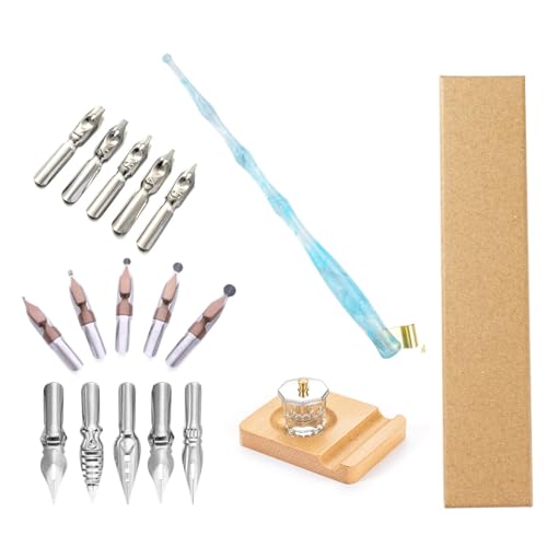 Calligraphy Dip Pen Set English Calligraphy Oblique Nib Holder With Desktop Pen Holder,Ink Bottle Container and 15 Nibs Kit - Blue - color: Blue