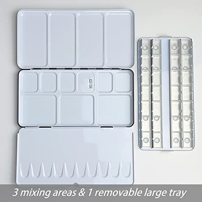 FCLUB Large Watercolor Palette Tin with 28Pcs Watercolor Full Pans | Empty Metal Palette, 28Pcs White Full Pans, Folding Paint Tray, Palette with Lid, Mixing Area for Watercolor, Oils Gouache - style: Tin with 28 Transparent Full Pans