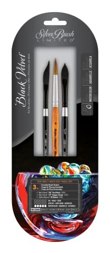Black Velvet® and Golden Natural® Essential Strokes W/C 3pc Set, Black Velvet Oval Wash Size 3/8, Dagger Stiper Size 1/4" Golden Natural Round Size 8 - color: Essential Brush Strokes Set, size: 3 Pc