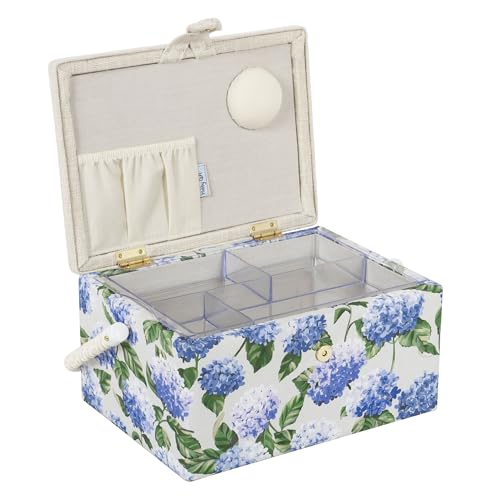 Hobby Gift Medium Sewing Box Organiser, Fabric Covered Storage Box with Handle, Internal Tray, Pin Cushion and Pocket for Sewing, Quilting and Knitting Supplies - color: Blue Hydrangea