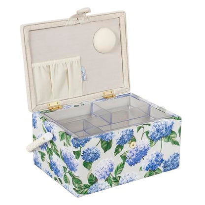 Hobby Gift Medium Sewing Box Organiser, Fabric Covered Storage Box with Handle, Internal Tray, Pin Cushion and Pocket for Sewing, Quilting and Knitting Supplies - color: Blue Hydrangea