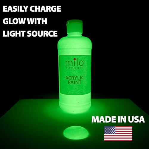milo Glow in the Dark Acrylic Paint | Clear Phosphorescent Green Glow | 16 oz Bottle | Easy Light Glow Activated | Made in the USA | Non-Toxic | Glows UV in Black Light | Paint in the Dark - style: Glow in the Dark 16 oz