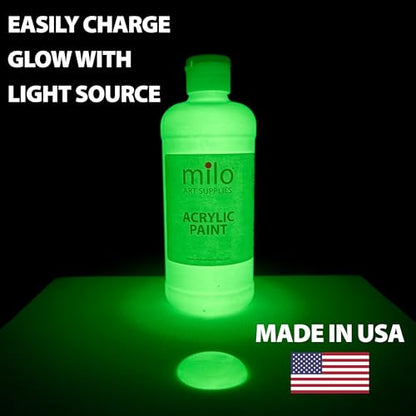 milo Glow in the Dark Acrylic Paint | Clear Phosphorescent Green Glow | 16 oz Bottle | Easy Light Glow Activated | Made in the USA | Non-Toxic | Glows UV in Black Light | Paint in the Dark - style: Glow in the Dark 16 oz