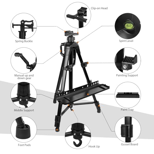 Art Easel Aluminum Alloy Portable Extendable Easel with Hand Crank Adjustable to 61.8 '' Drawing Board Holder, Compass, Level and Storage Bag -for Artists, Painters, Sketching, Outdoor Painting - style: Black