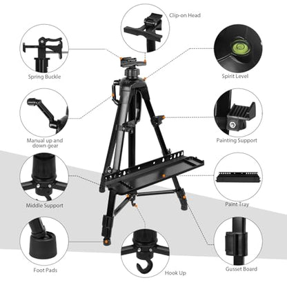 Art Easel Aluminum Alloy Portable Extendable Easel with Hand Crank Adjustable to 61.8 '' Drawing Board Holder, Compass, Level and Storage Bag -for Artists, Painters, Sketching, Outdoor Painting - style: Black