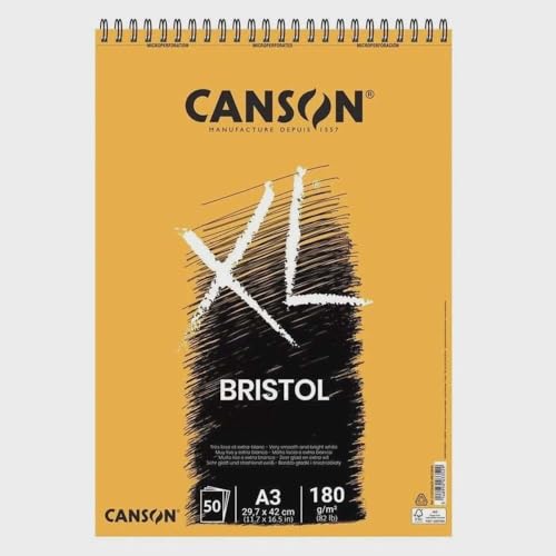 CANSON XL Bristol 180gsm A3 Paper, Very Smooth, Spiral Pad Short Side, 50 Extra White Sheets, Ideal for Professional Artists & Illustrators - size: A3