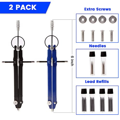 2pcs Compass for Geometry, Professional Drawing Compass,Metal Compass, Circle Compass Drawing Tool for Geometry, Math, Drafting, Drawing, Measuring, School & Office Supplies by CUALORK