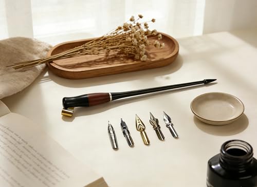 Wood Calligraphy Oblique Dip Pen Holder Set, Removable Nib Pen Handle with 5 Nibs for English Calligraphy Drawing Comic, Black - color: Black