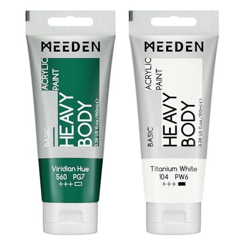 MEEDEN Acrylic Paint Viridian Hue: Bundled with Titanium White Color - 100ml/3.38oz x 2 Bulk Heavy Body Acrylic Paint Tubes for Art Craft Painting - color: Viridian Hue, size: 2 Tubes