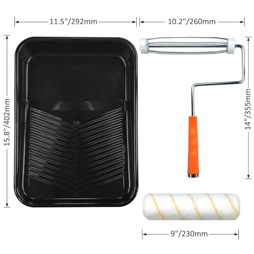 Great Andrew 9 Inch Paint Tray Set, 15-Pack, Plastic Paint Tray with 12 Textured Tray Liners, Paint Brush, Paint Roller and Wire Roller Frame for Painting Walls, Ceilings, Trim, Siding - size: 15 Pack Liners Kit, 9 In