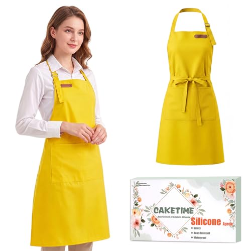 CAKETIME Colorful Silicone Leather Aprons for Women Waterproof Cleaning Cooking Baking Kitchen Bids Mother Chef Funny Gifts - color: Yellow