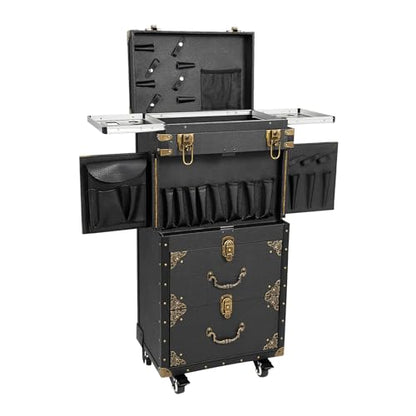 44.09lbs Lockable Makeup Train Case,Rolling Hairdressing Trolley,Beauty Salon Cosmetic Luggage with Universal Wheels for Hair Stylist,Make-up Artists (Black 2) - color: Black 2
