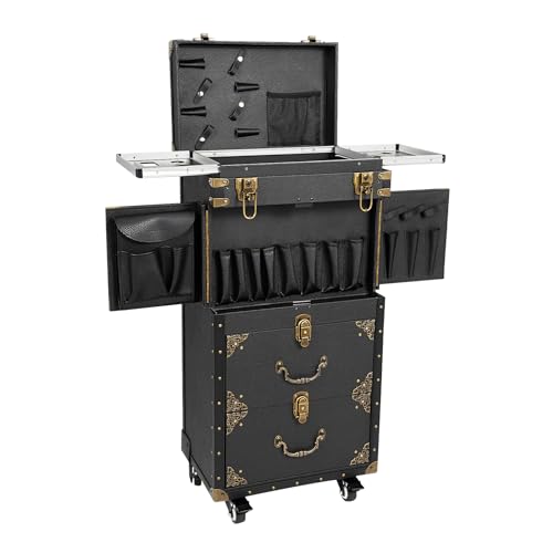 44.09lbs Lockable Makeup Train Case,Rolling Hairdressing Trolley,Beauty Salon Cosmetic Luggage with Universal Wheels for Hair Stylist,Make-up Artists (Black 2) - color: Black 2