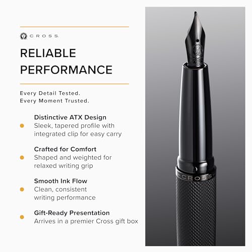Cross ATX Brushed Black Stainless Steel Fine Nib Fountain Pen - Refillable Pen for Smooth Writing - Black Ink - Comfortable Grip - Long-Lasting - Professional Office Supplies - color: Sandblasted Black, style: Fine Nib