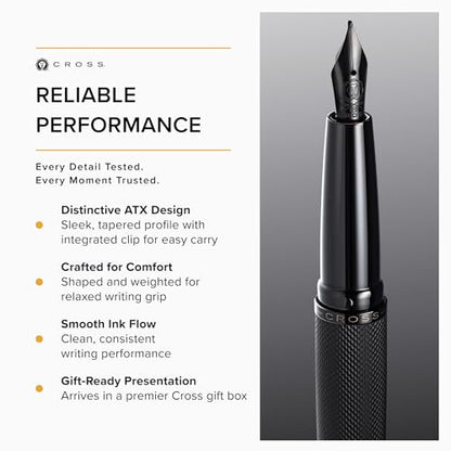 Cross ATX Brushed Black Stainless Steel Fine Nib Fountain Pen - Refillable Pen for Smooth Writing - Black Ink - Comfortable Grip - Long-Lasting - Professional Office Supplies - color: Sandblasted Black, style: Fine Nib
