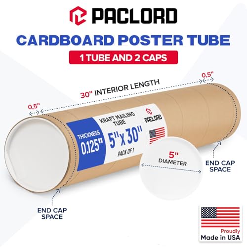 5" x 30" Reinforced Kraft Paper Mailing Tube, Pack of 1 Tube with 2 Caps – Secure USPS Approved – Cardboard Poster Mailer for Shipping and Storing of Prints, Artwork, Posters, or Documents