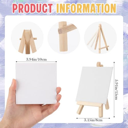 MotiMind 36 Pcs Mini Canvas and Easel Set for Painting, 4 x 4 Inch Canvas Panels with 6 Inch Wooden Easels for Oil Acrylic Painting Christmas Birthday Valentine's Mother's Day Art Crafts Party Favors - size: 4 x 4 Inch